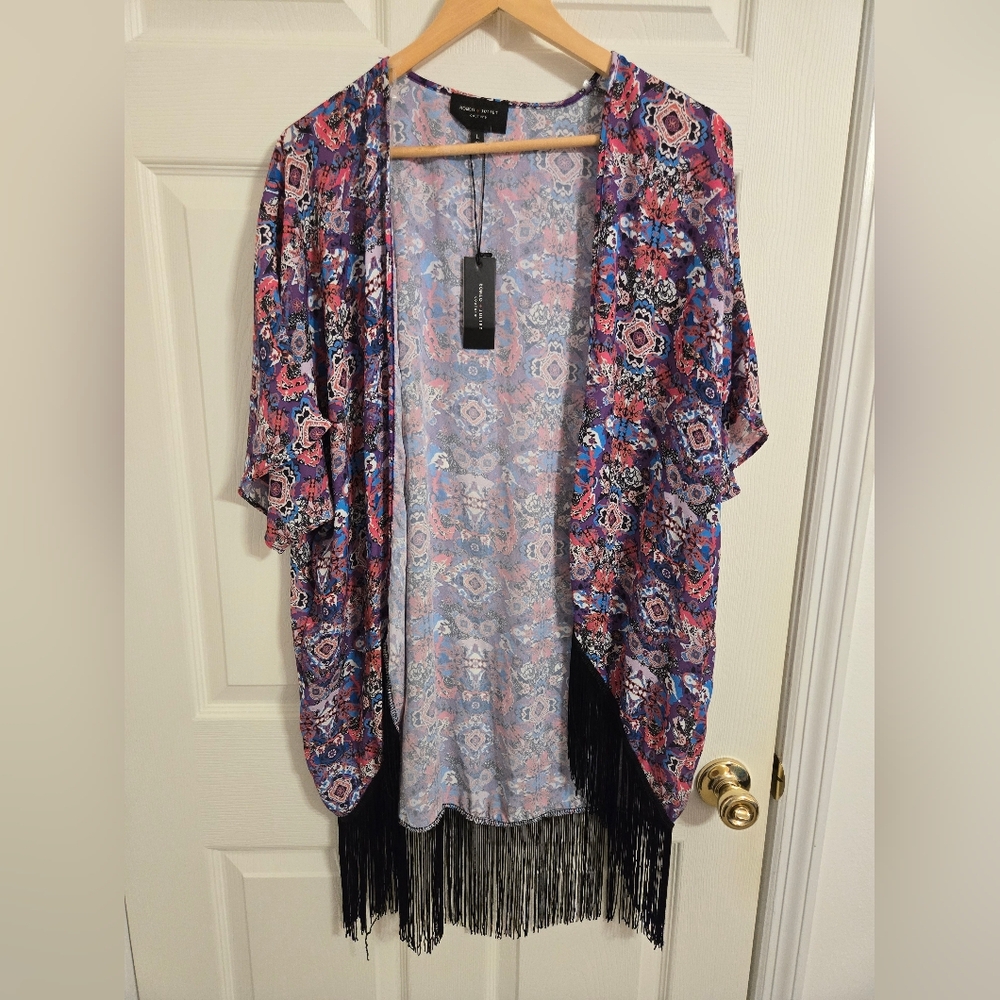 Romeo + Juliet Purple Multicolor Colorful Fringe Kimono Open Front Size Large